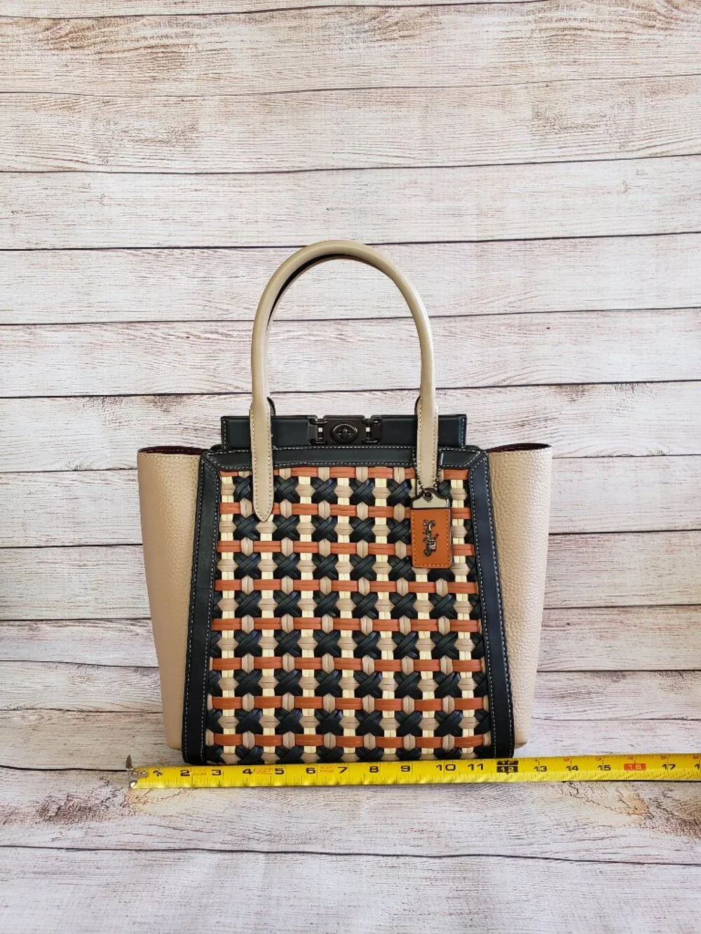 Coach 1941 Troupe Tote Turnlock Woven Pebbled Glovetanned Leather Satchel Black